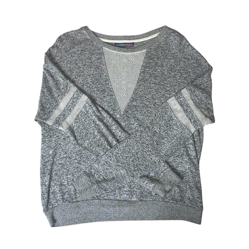 Charmed Hearts Hollow Out Mesh Stripe Sleeve Gray White Sweatshirt Sporty Large